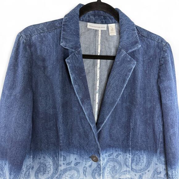 Chico’s Denim Blazer Women's Size 2 Large Ombre Paisley Western Boho Indie - Picture 4 of 13